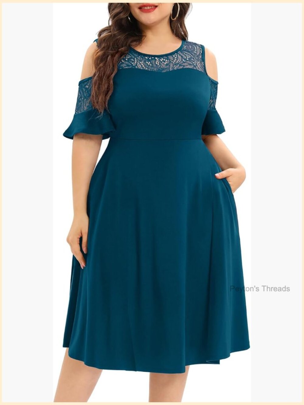 Plus Size Cold Shoulder Lace Midi Dress with Pockets - Picture 1 of 7